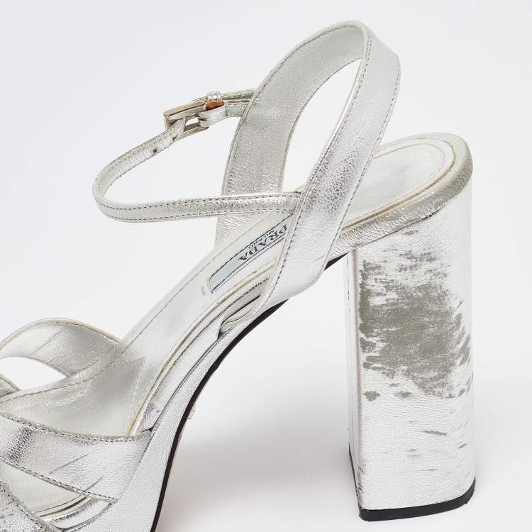 Pre Owned Prada Metallic Silver Leather Ankle Strap Platform Sandals Size 37.5