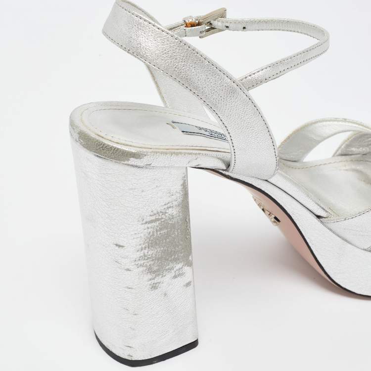 Pre Owned Prada Metallic Silver Leather Ankle Strap Platform Sandals Size 37.5