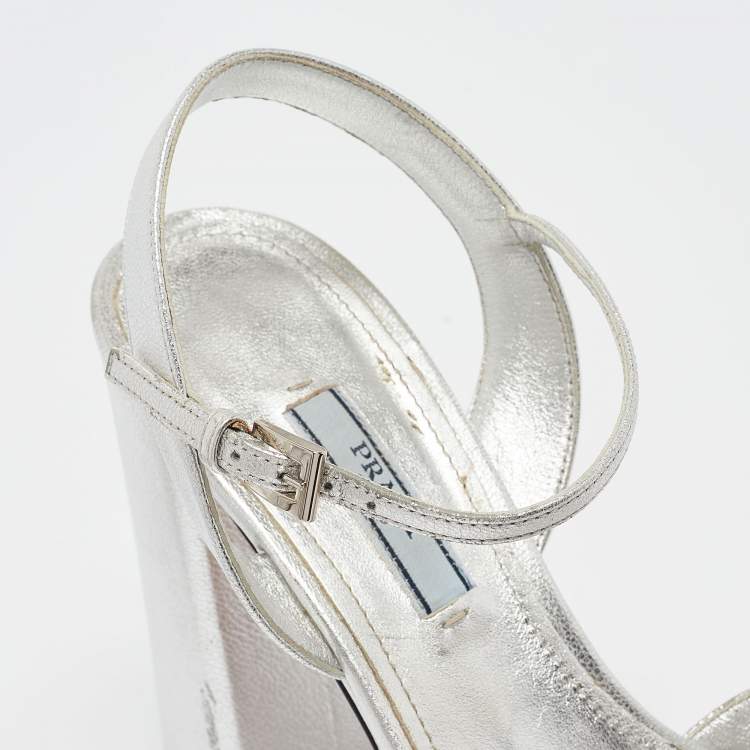 Pre Owned Prada Metallic Silver Leather Ankle Strap Platform Sandals Size 37.5