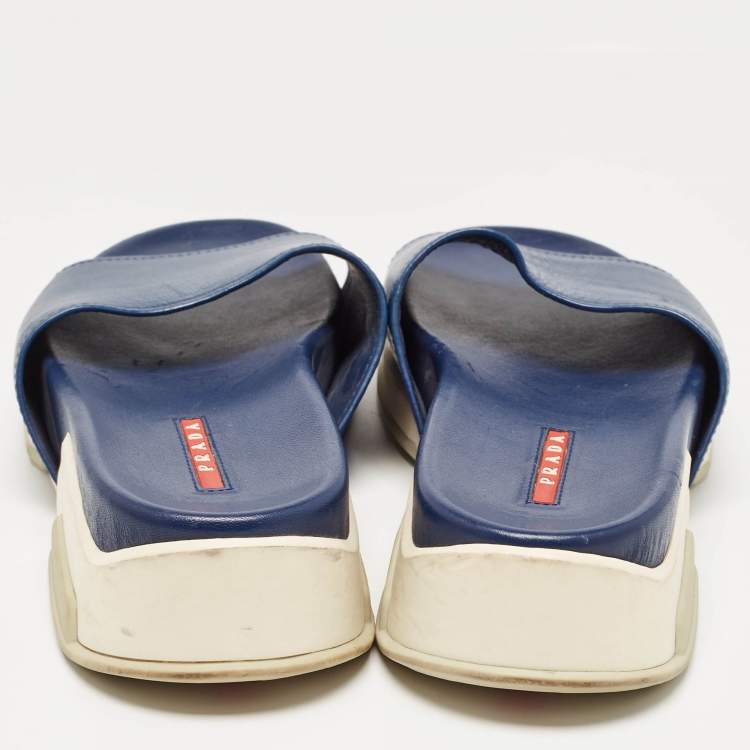 Pre Owned Prada Navy Blue Leather Slides Size 37