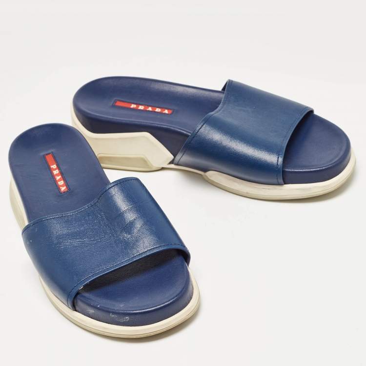 Pre Owned Prada Navy Blue Leather Slides Size 37