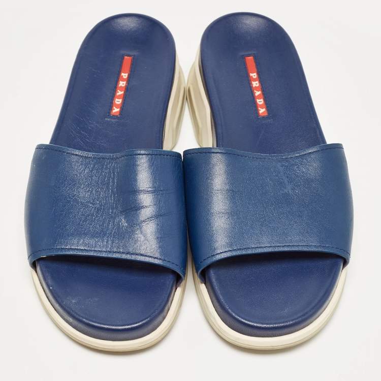 Pre Owned Prada Navy Blue Leather Slides Size 37