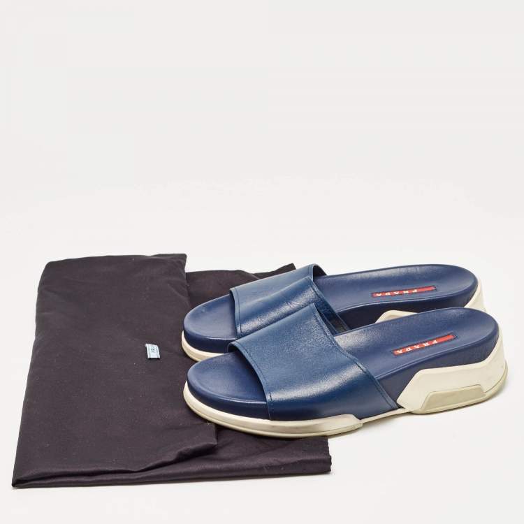 Pre Owned Prada Navy Blue Leather Slides Size 37