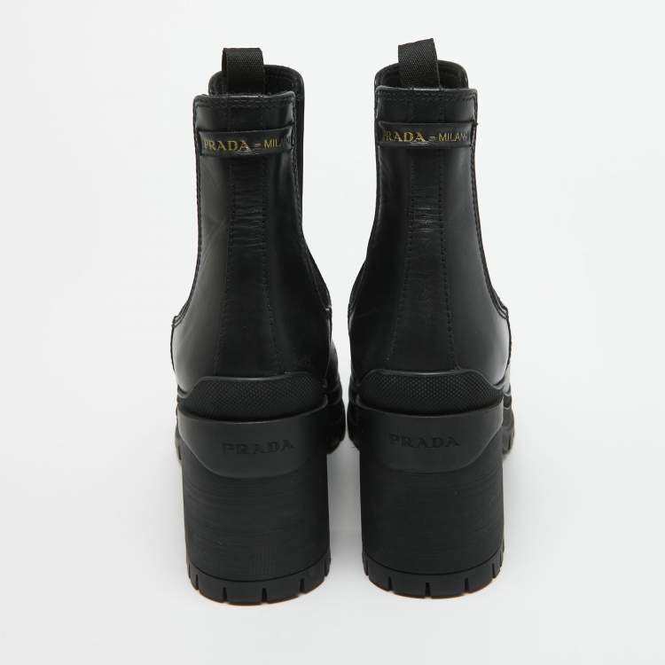 Pre Owned Prada Black Leather Ankle Length Boots Size 38.5