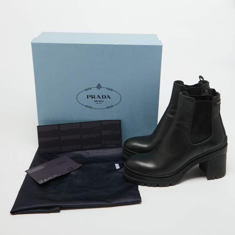 Pre Owned Prada Black Leather Ankle Length Boots Size 38.5