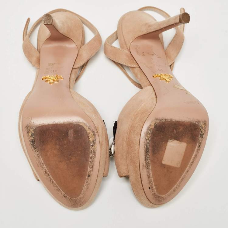 Pre Owned Prada Beige Suede Embellished Platform Ankle Strap Sandals Size 38
