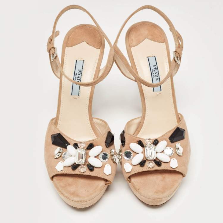 Pre Owned Prada Beige Suede Embellished Platform Ankle Strap Sandals Size 38