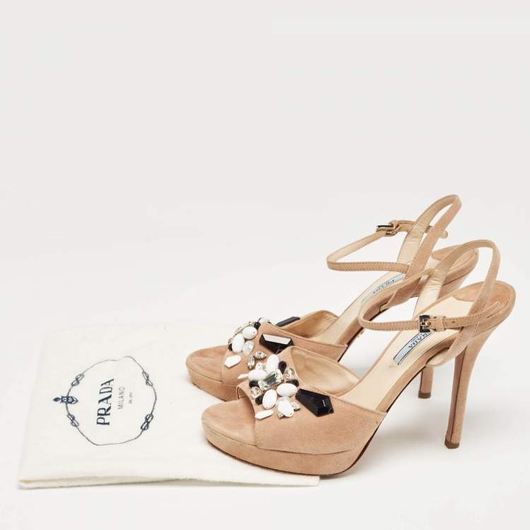 Pre Owned Prada Beige Suede Embellished Platform Ankle Strap Sandals Size 38