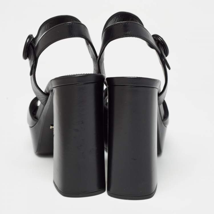 Pre Owned Prada Black Leather Ankle Strap Platform Sandals