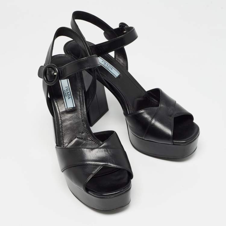 Pre Owned Prada Black Leather Ankle Strap Platform Sandals