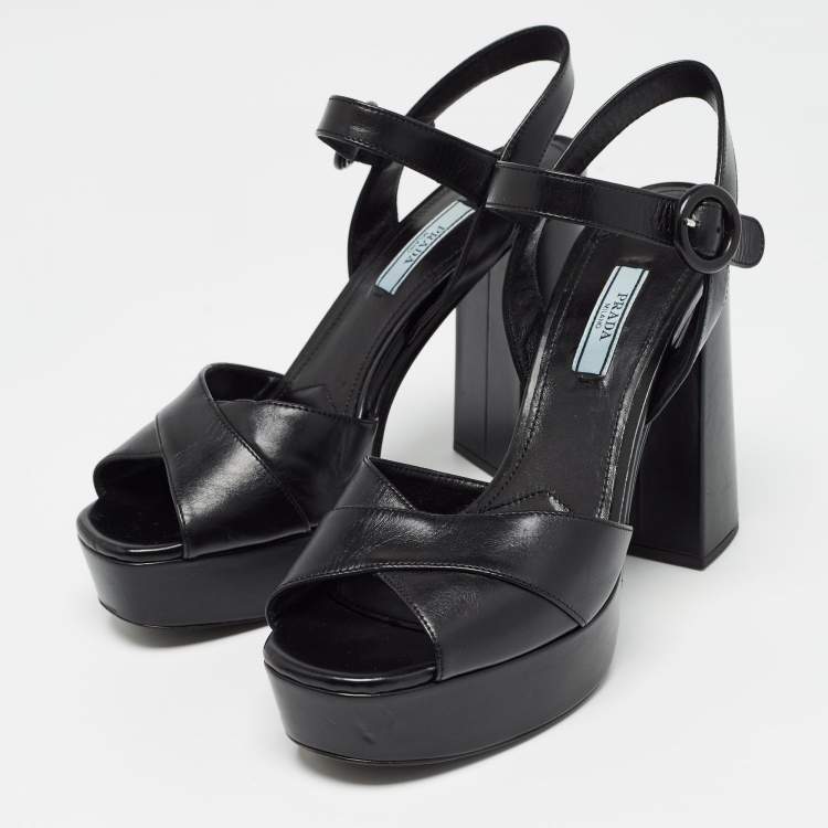 Pre Owned Prada Black Leather Ankle Strap Platform Sandals