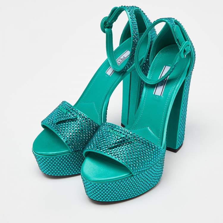 Pre Owned Prada Green Satin Crystal Embellished Platform Ankle Strap Sandals Size 37