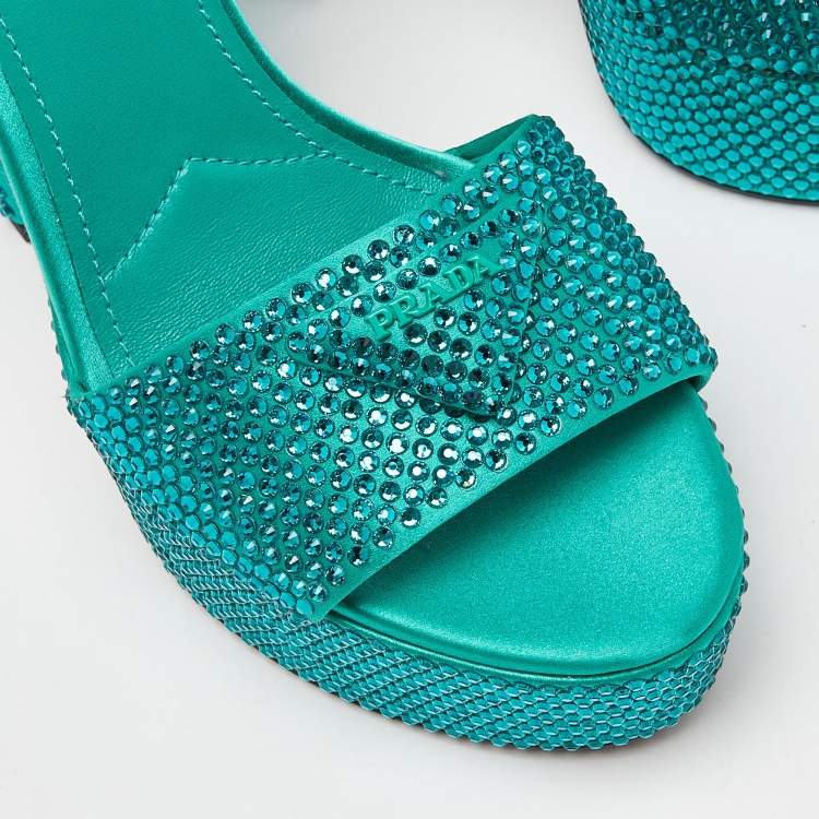 Pre Owned Prada Green Satin Crystal Embellished Platform Ankle Strap Sandals Size 37