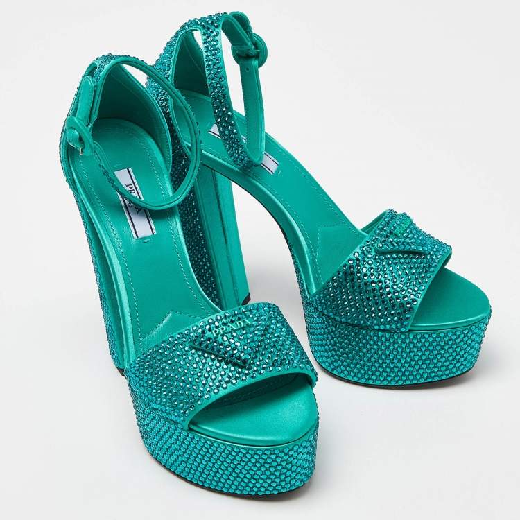 Pre Owned Prada Green Satin Crystal Embellished Platform Ankle Strap Sandals Size 37