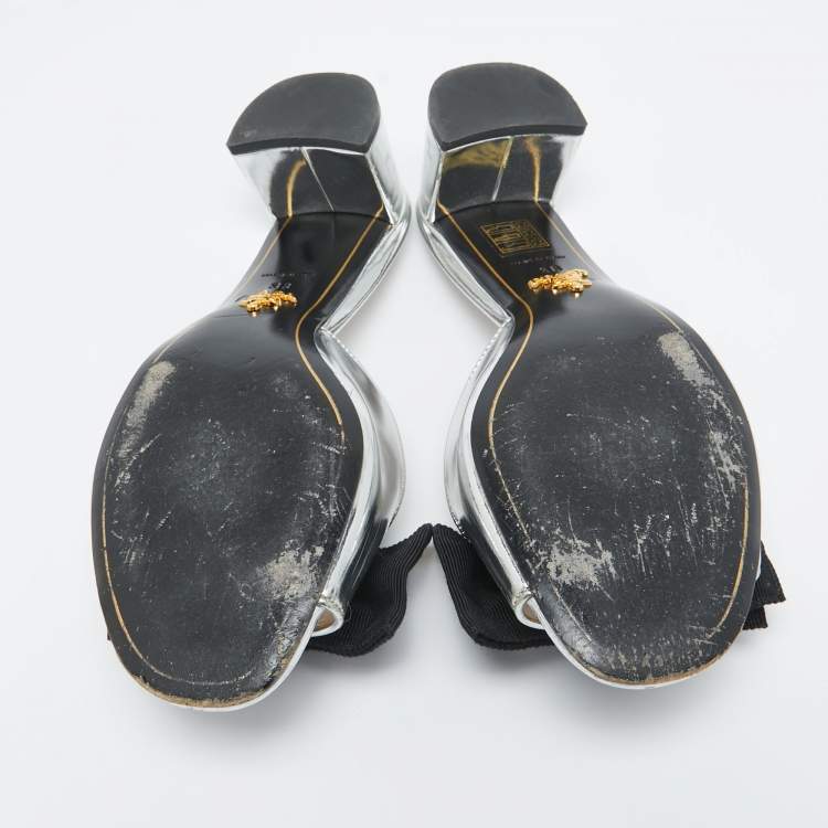 Pre Owned Prada Silver/Black Patent Leather and Canvas Bow Slide Sandals Size 38