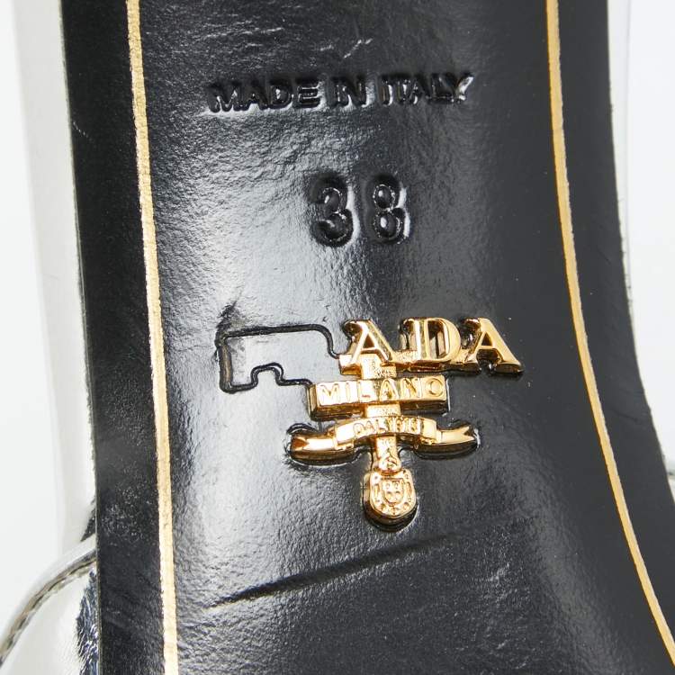 Pre Owned Prada Silver/Black Patent Leather and Canvas Bow Slide Sandals Size 38