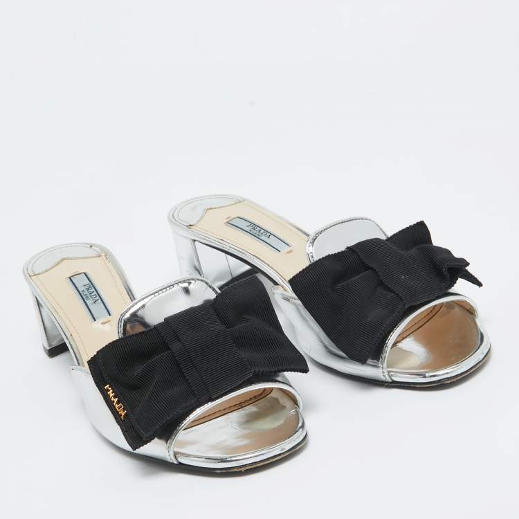 Pre Owned Prada Silver/Black Patent Leather and Canvas Bow Slide Sandals Size 38