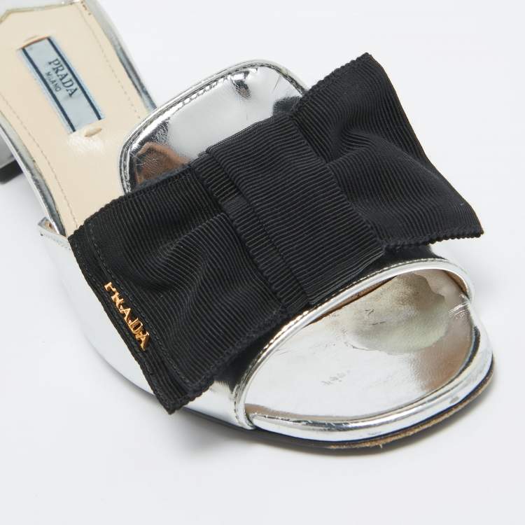 Pre Owned Prada Silver/Black Patent Leather and Canvas Bow Slide Sandals Size 38