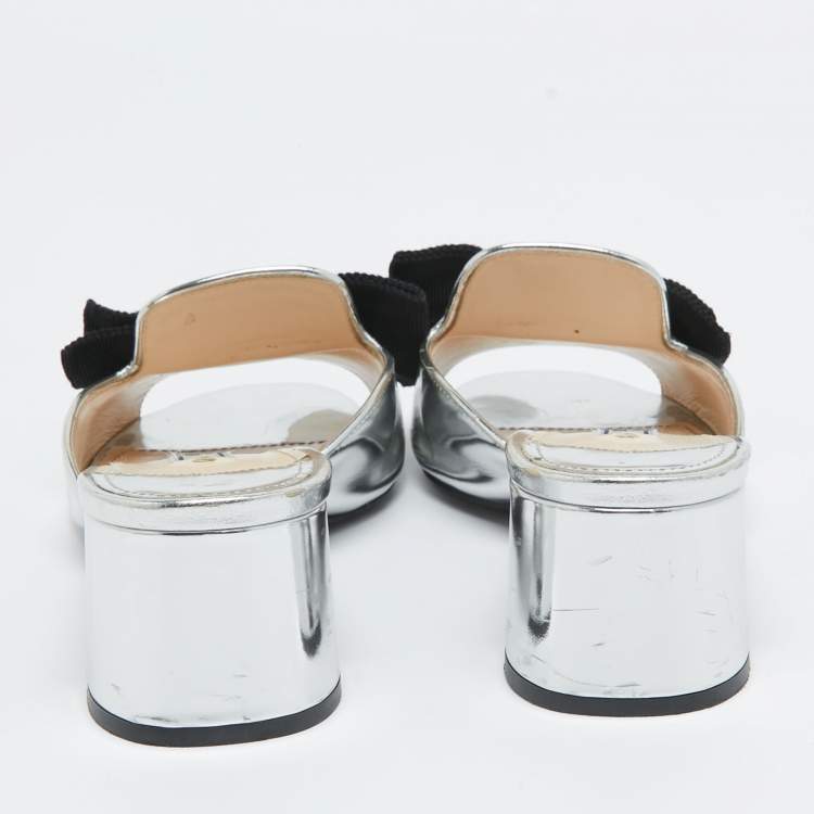 Pre Owned Prada Silver/Black Patent Leather and Canvas Bow Slide Sandals Size 38