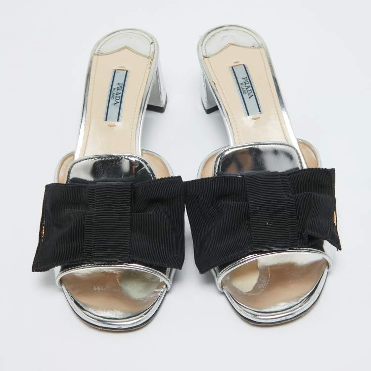 Pre Owned Prada Silver/Black Patent Leather and Canvas Bow Slide Sandals Size 38