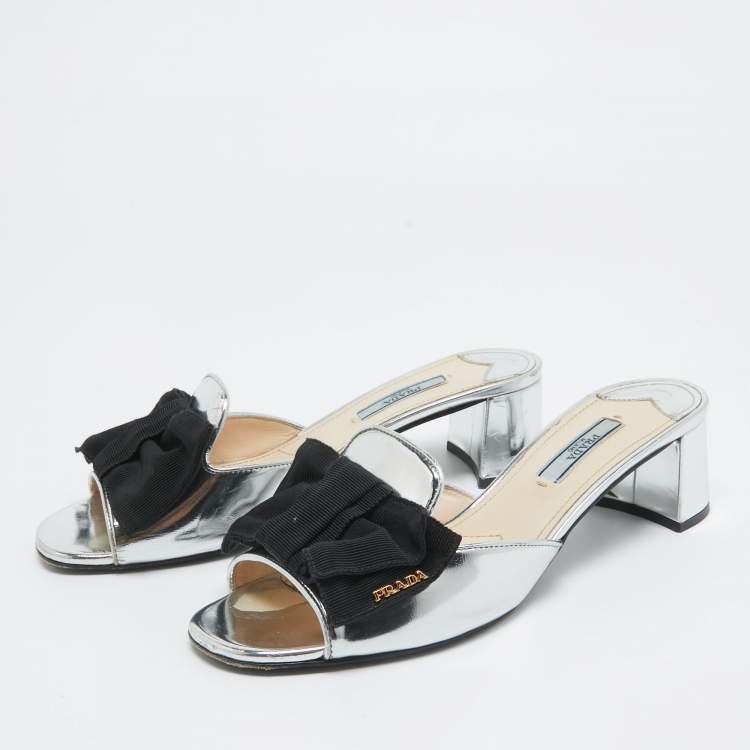 Pre Owned Prada Silver/Black Patent Leather and Canvas Bow Slide Sandals Size 38