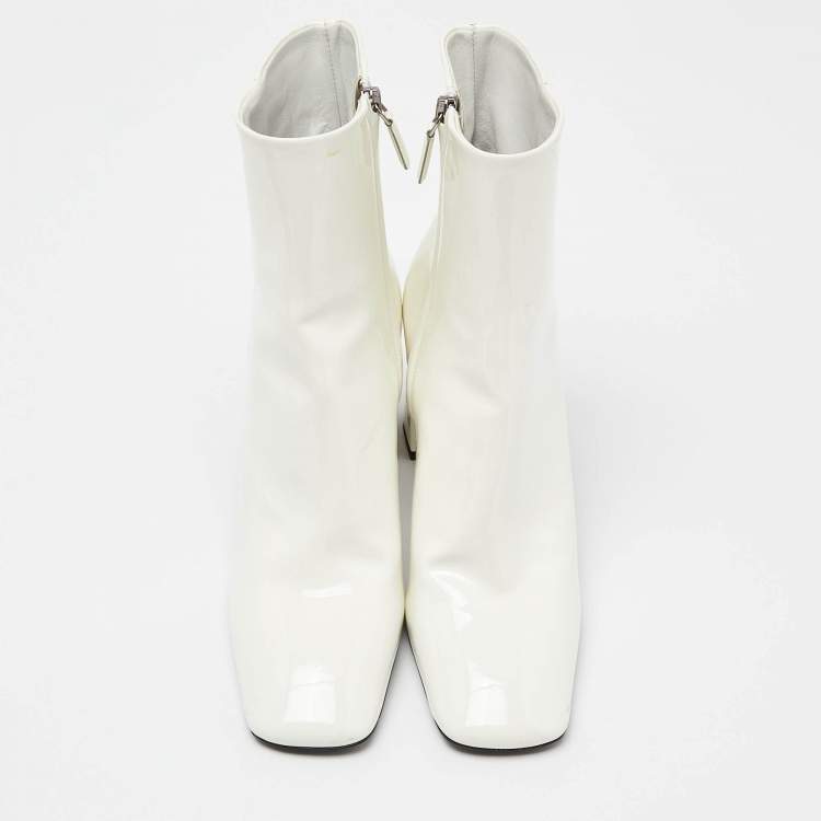 Pre Owned Prada White Patent Leather Zip Ankle Boots Size 37