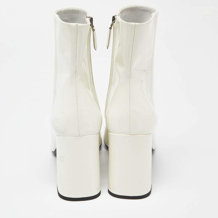 Pre Owned Prada White Patent Leather Zip Ankle Boots Size 37