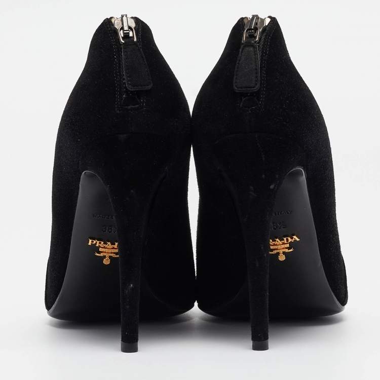 Pre Owned Prada Black Suede Peep Toe Ankle Booties Size 38.5