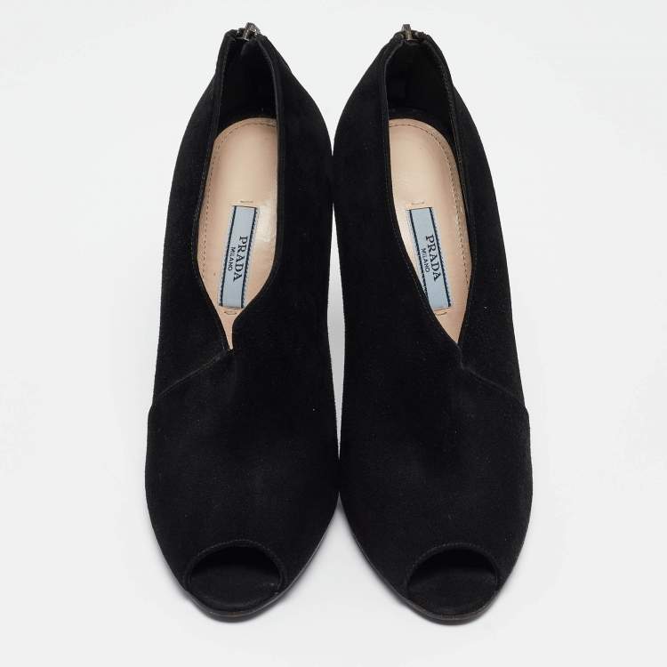 Pre Owned Prada Black Suede Peep Toe Ankle Booties Size 38.5