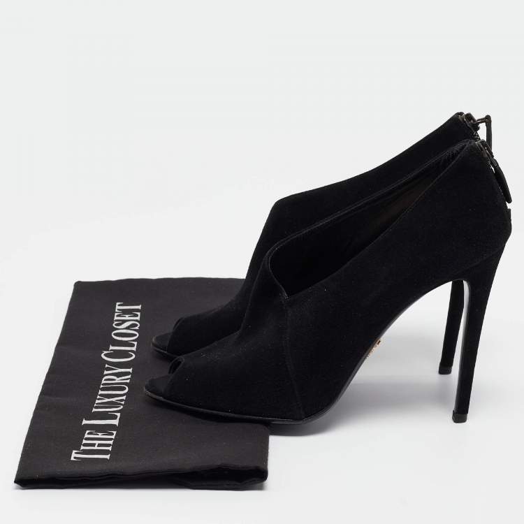 Pre Owned Prada Black Suede Peep Toe Ankle Booties Size 38.5