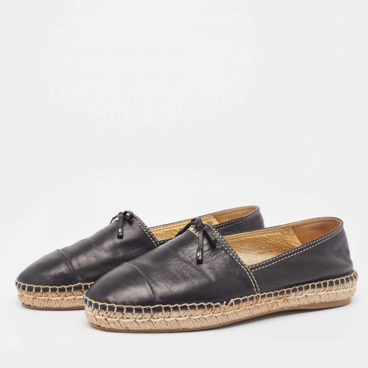 Pre Owned Prada Black Leather Bow Espadrille Flats Size 38.5 