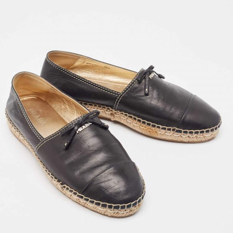 Pre Owned Prada Black Leather Bow Espadrille Flats Size 38.5 