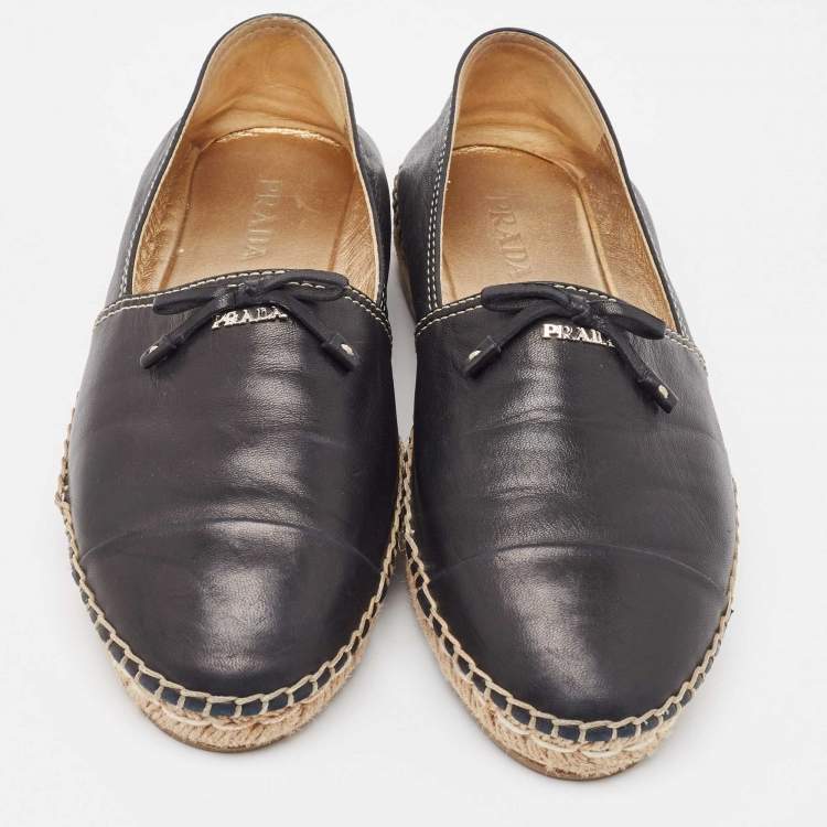 Pre Owned Prada Black Leather Bow Espadrille Flats Size 38.5 