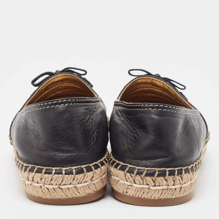 Pre Owned Prada Black Leather Bow Espadrille Flats Size 38.5 