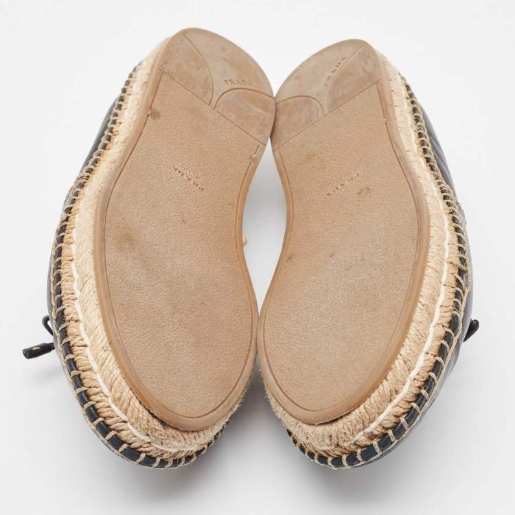 Pre Owned Prada Black Leather Bow Espadrille Flats Size 38.5 