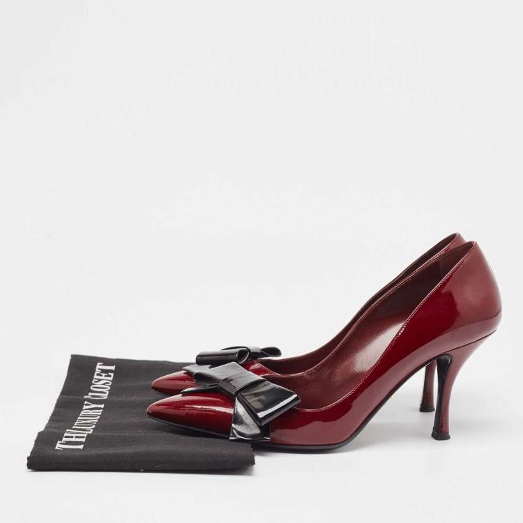 Pre Owned Prada Burgundy Patent Leather Bow Pointed Toe Pumps Size 38.5
