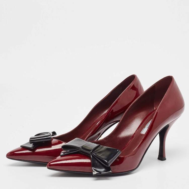 Pre Owned Prada Burgundy Patent Leather Bow Pointed Toe Pumps Size 38.5