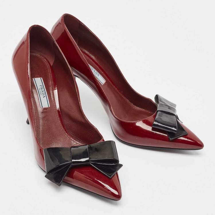 Pre Owned Prada Burgundy Patent Leather Bow Pointed Toe Pumps Size 38.5