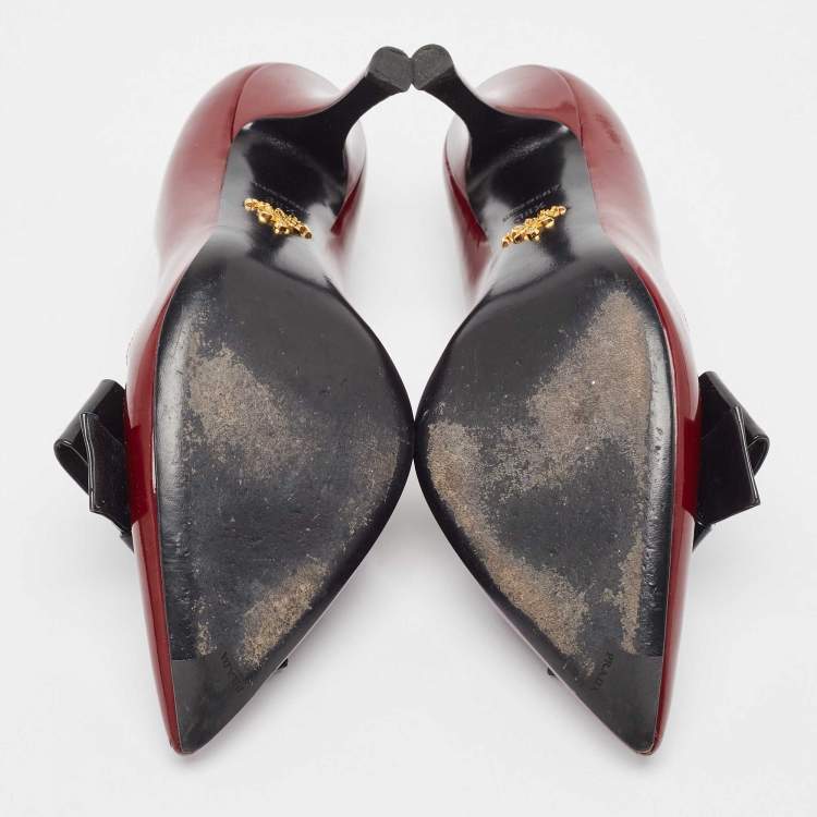 Pre Owned Prada Burgundy Patent Leather Bow Pointed Toe Pumps Size 38.5
