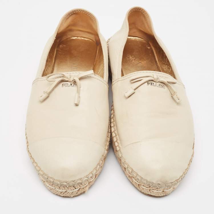 Pre Owned Prada White Leather Cap Toe Espadrille Flats Size 38.5