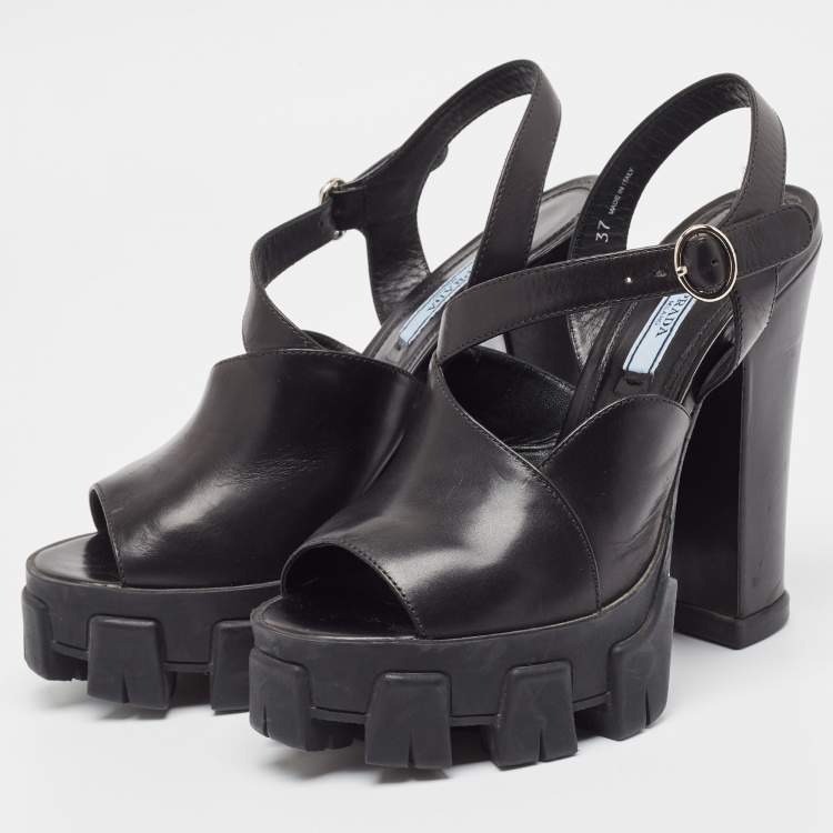 Pre Owned Prada Black Leather Ankle Strap Sandals Size 37