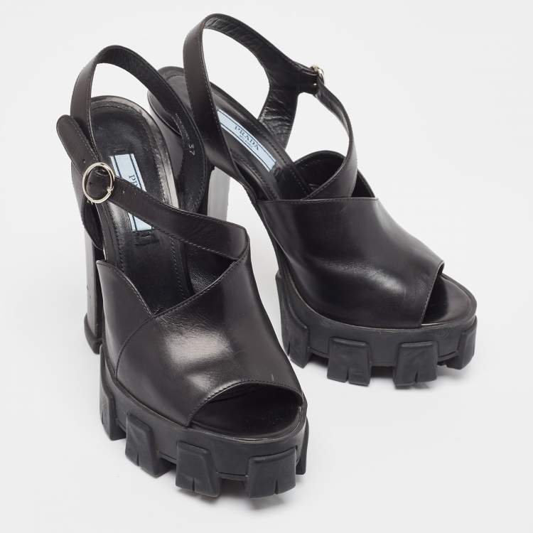 Pre Owned Prada Black Leather Ankle Strap Sandals Size 37