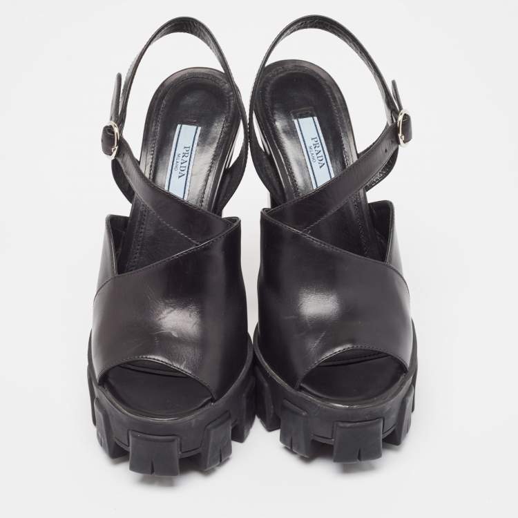 Pre Owned Prada Black Leather Ankle Strap Sandals Size 37