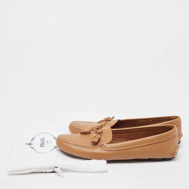 Pre Owned Prada Brown Leather Slip On Loafers  Size 39