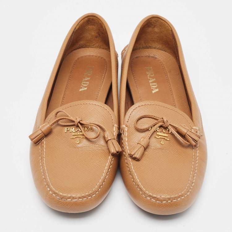 Pre Owned Prada Brown Leather Slip On Loafers  Size 39