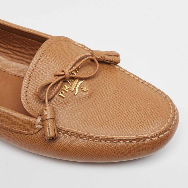 Pre Owned Prada Brown Leather Slip On Loafers  Size 39