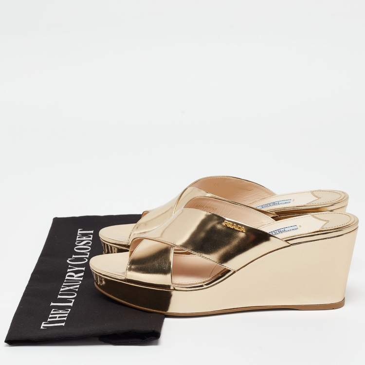 Pre Owned Prada Gold Foil Leather Crisscross Wedge Platform Slides Size 40