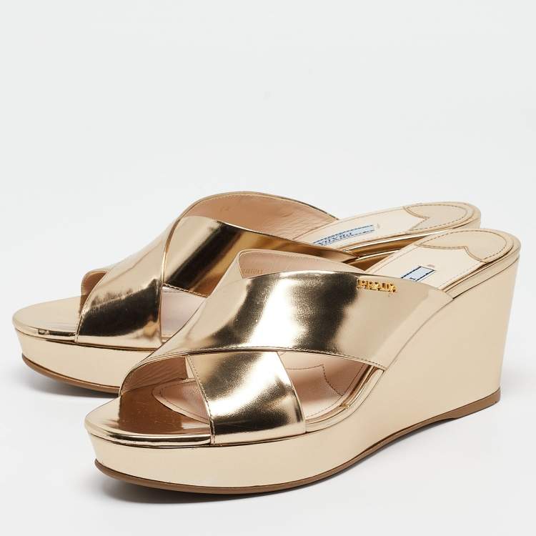 Pre Owned Prada Gold Foil Leather Crisscross Wedge Platform Slides Size 40