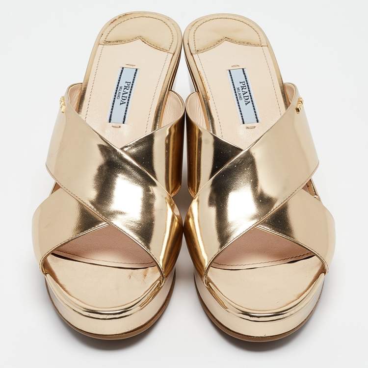Pre Owned Prada Gold Foil Leather Crisscross Wedge Platform Slides Size 40