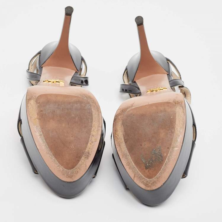 Pre Owned Prada Black Patent Leather Ankle Strap Platform Sandals Size 39.5